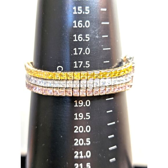 PJM 925 Sterling Pink Yellow Clear Princess Cut Three Strand Tennis Bracelet - Picture 6 of 10